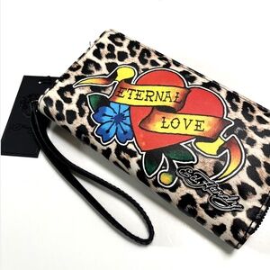 Ed Hardy Tattoo Heart Love Leopard Animal Print Wristlet Wallet NWT Purse